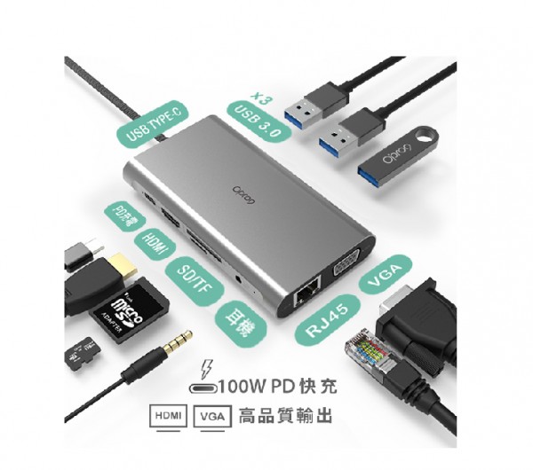 【Opro9】USB-C 10埠帶線多功能轉接器100W